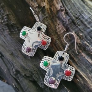 Mexican Silver Multi Stone Cross Earrings